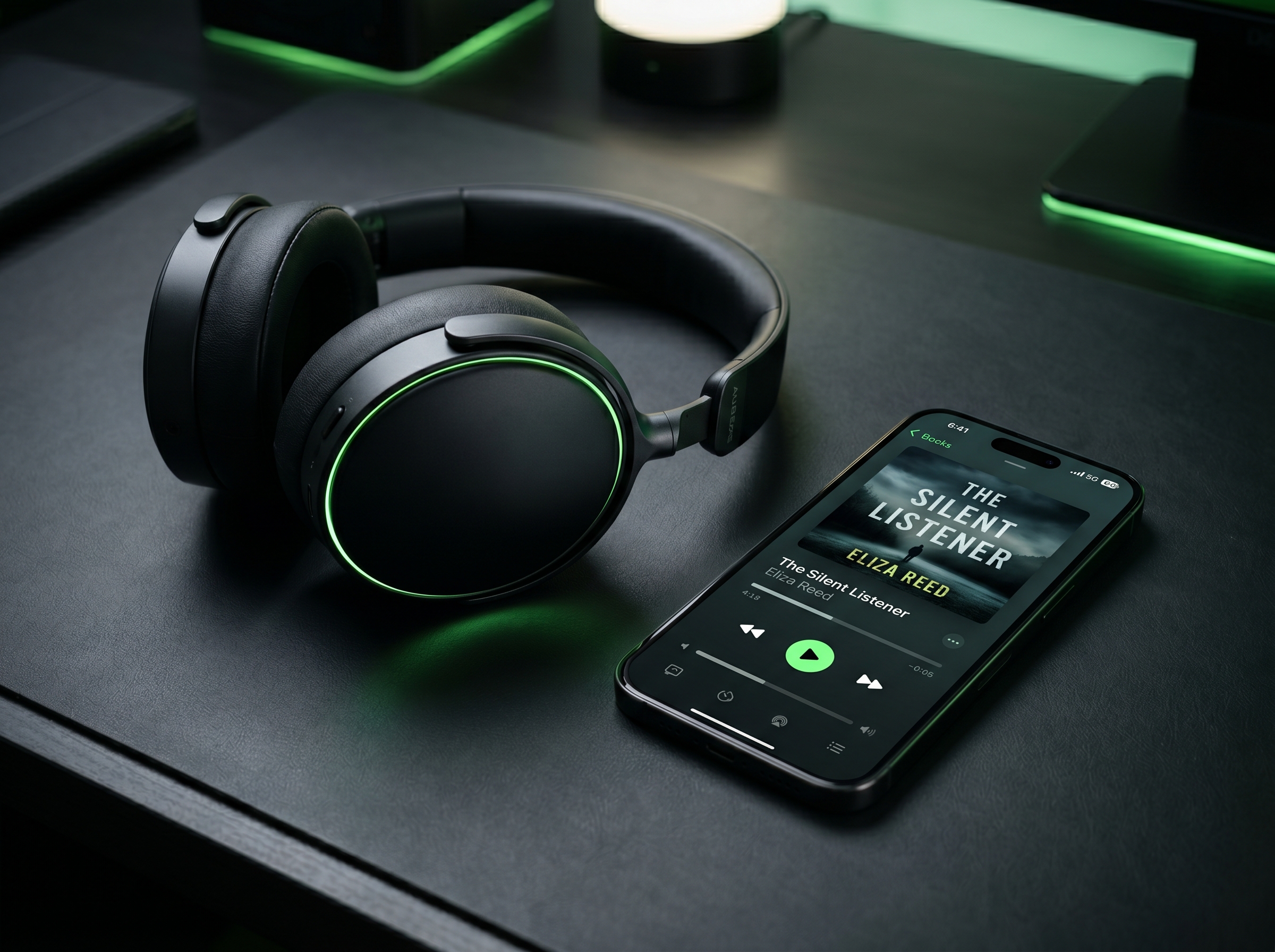 Headphones beside a phone displaying the Six Hours to Midnight audiobook